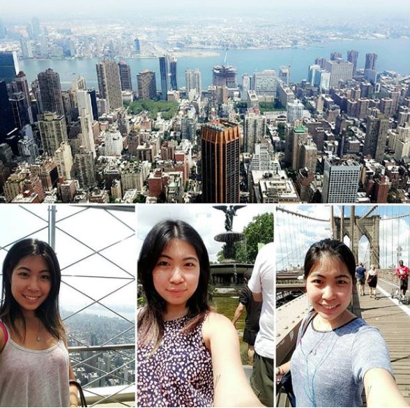 New York City cityscape with three selfies of an Asian woman