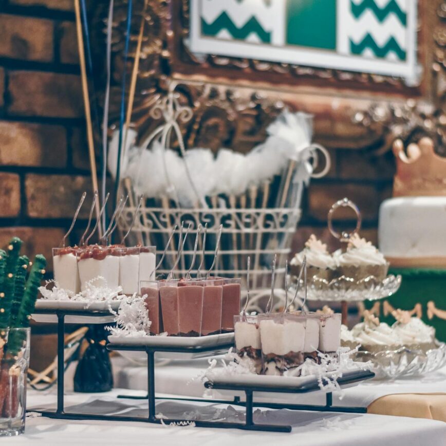 green and white themed dessert table